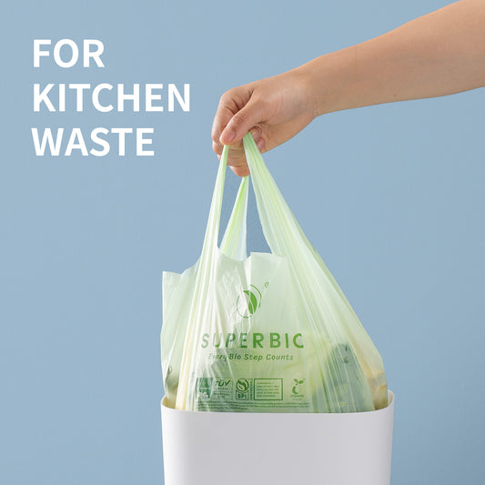 SUPERBIO 1.6 Gallon Handle Tie Compostable Food Scrap Bags, Small Compost Bags with Handles,50 Count, 2 Pack, BPI & OK compost INDUSTRIAL