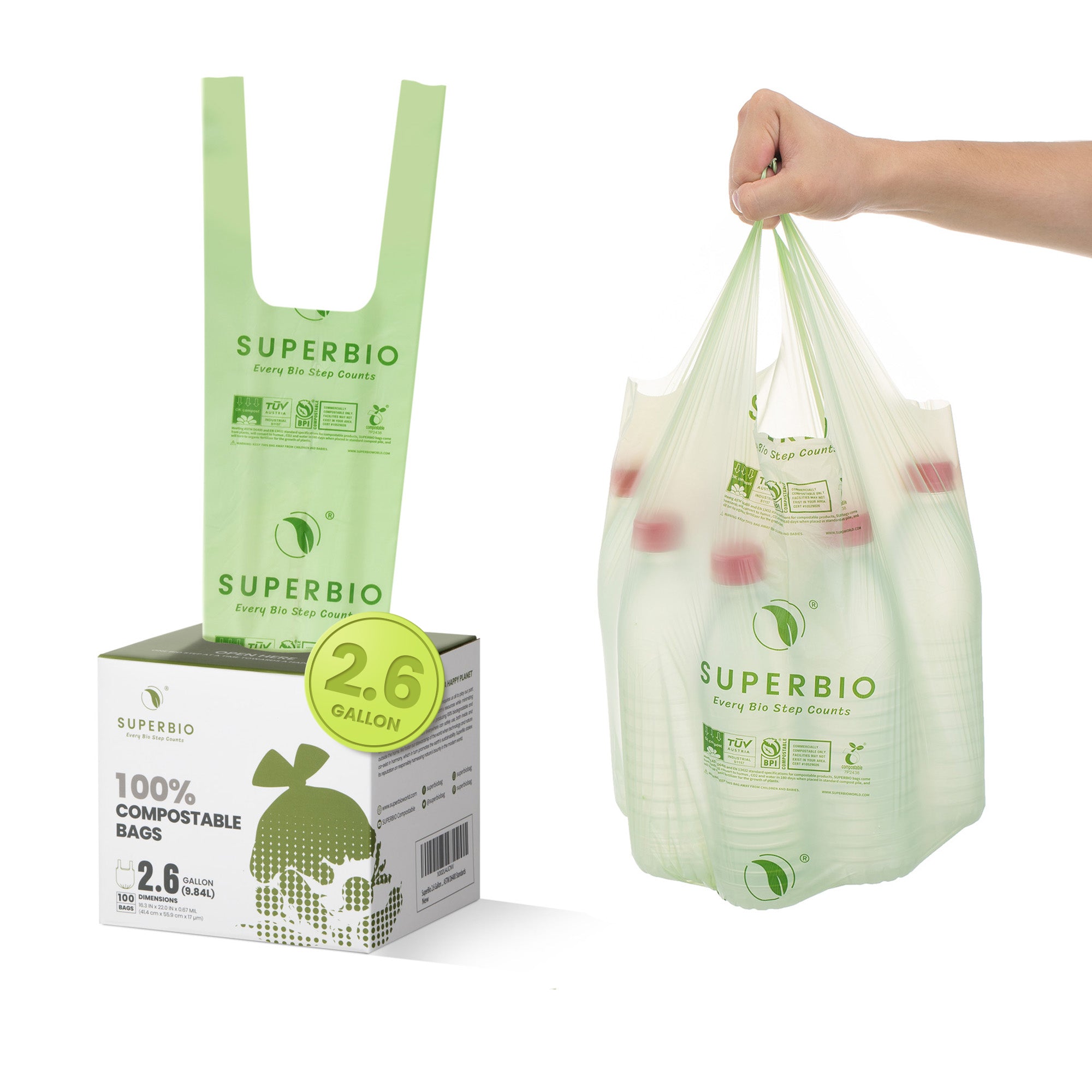 SUPERBIO 1.6 Gallon Compostable Handle Tie Garbage Bags, 50 Count, Small Trash Bags with Handles for Countertop Bin US BPI & Europe Ok Compost