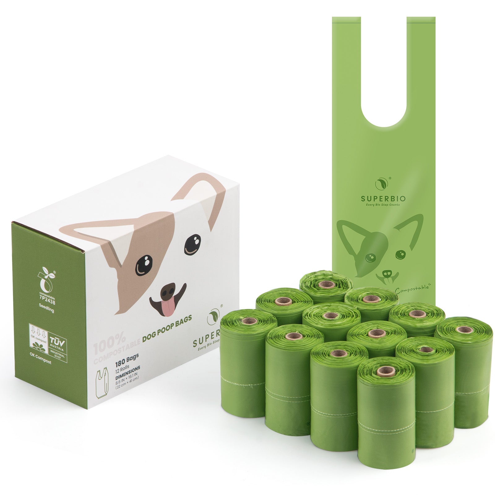 SUPERBIO Compostable Dog Poop Bags, 180 Counts, 12 Rolls