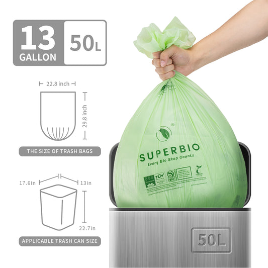 SUPERBIO 13 Gallon Compostable Kitchen Waste Bags, 50 Count, 1 Pack, Flat top Food Scrap bags,Certified by BPI and OK compost INDUSTRIAL, 49.2L, 0.87 Mil