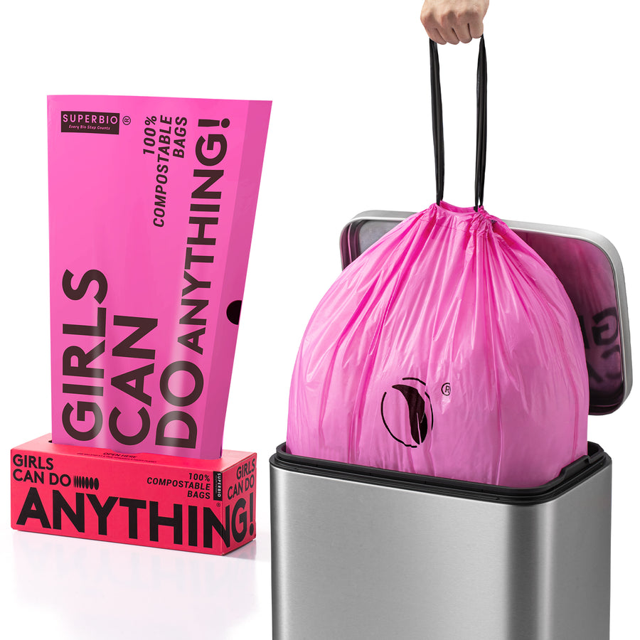 SUPERBIO 13 Gallon Compostable Drawstring Bags, Pink, 49.2 Liter, 30 Count, Heavy Duty 1 Mils, Certified by OK compost, meet with ASTM D6400 and EN 13432 standard
