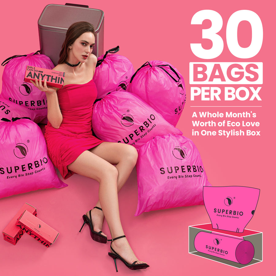 SUPERBIO 13 Gallon Compostable Drawstring Bags, Pink, 49.2 Liter, 30 Count, Heavy Duty 1 Mils, Certified by OK compost, meet with ASTM D6400 and EN 13432 standard