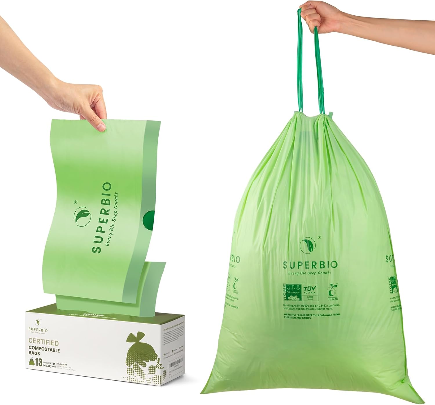 SUPERBIO 13 Gallon Compostable Drawstring Food Waste Bag, 49.2 Liter, 30 Count,1 Mils, Heavy Duty Kitchen Waste bags, Seedling and OK compost INDUSTRIAL