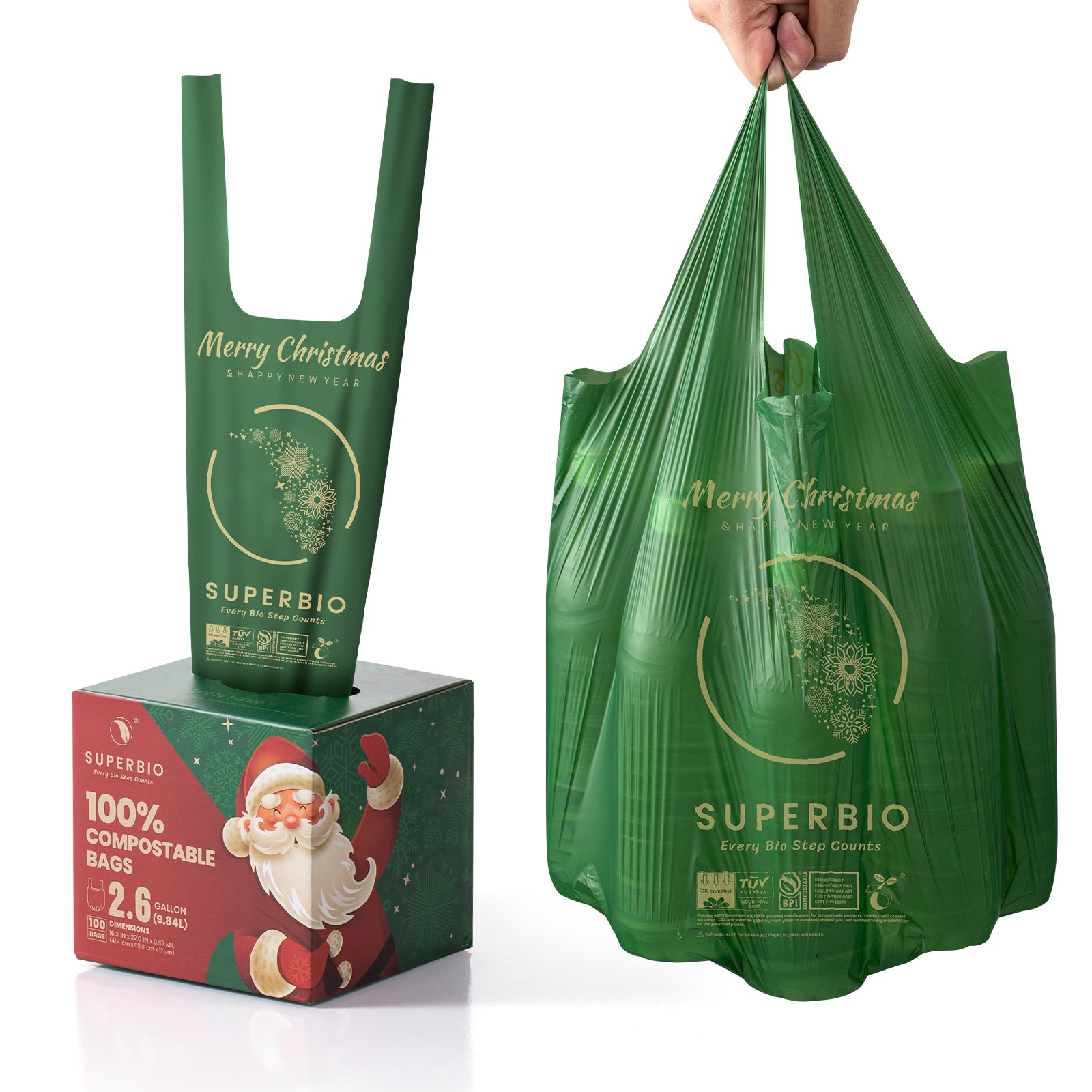 SUPERBIO 2.6 Gallon Compostable Handle Tie Trash Bags, 100 Count, 1 Pack, Christmas Gift package