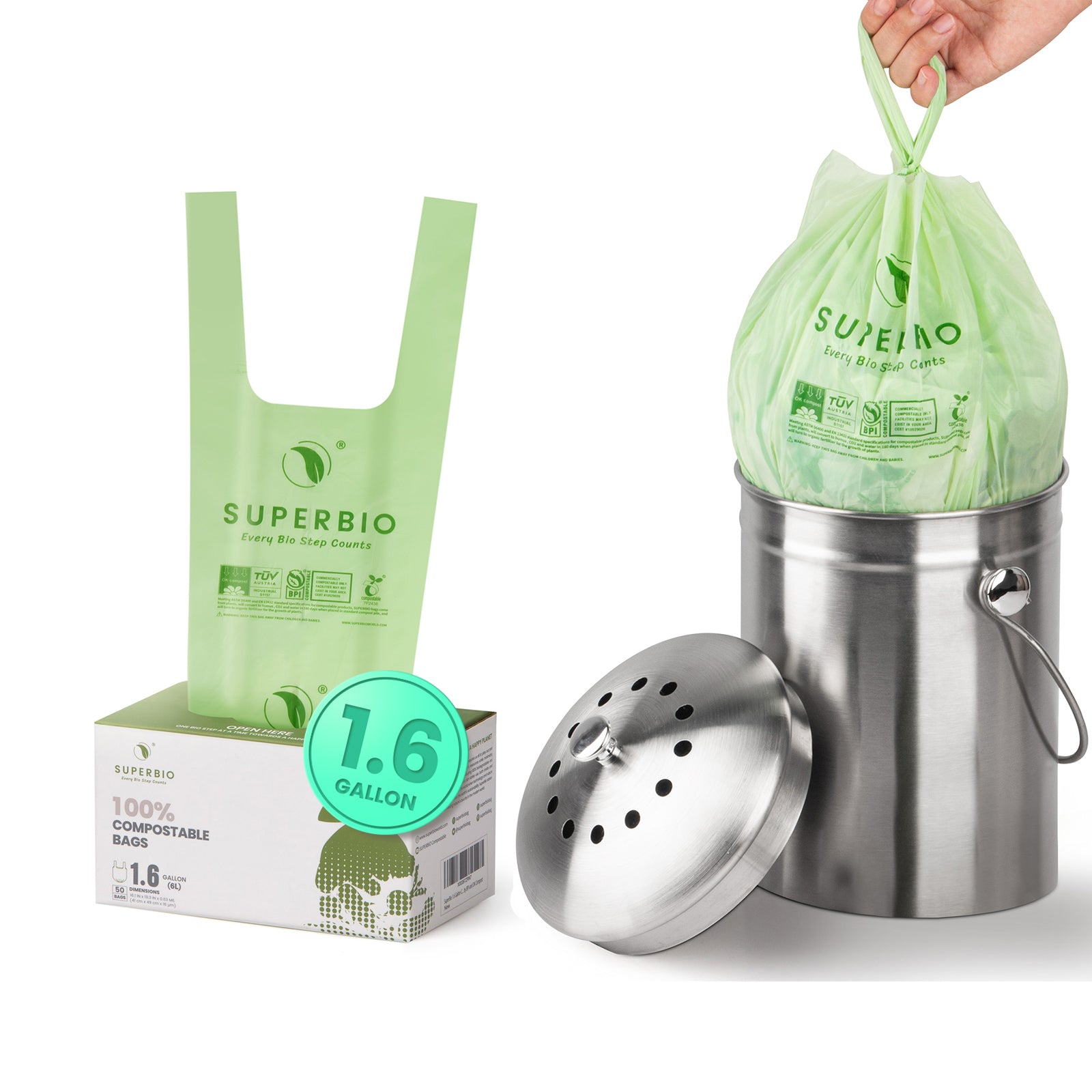 1.6 Gallon Compostable Food Scrap Bags, 50 Count, Handle tie Bags