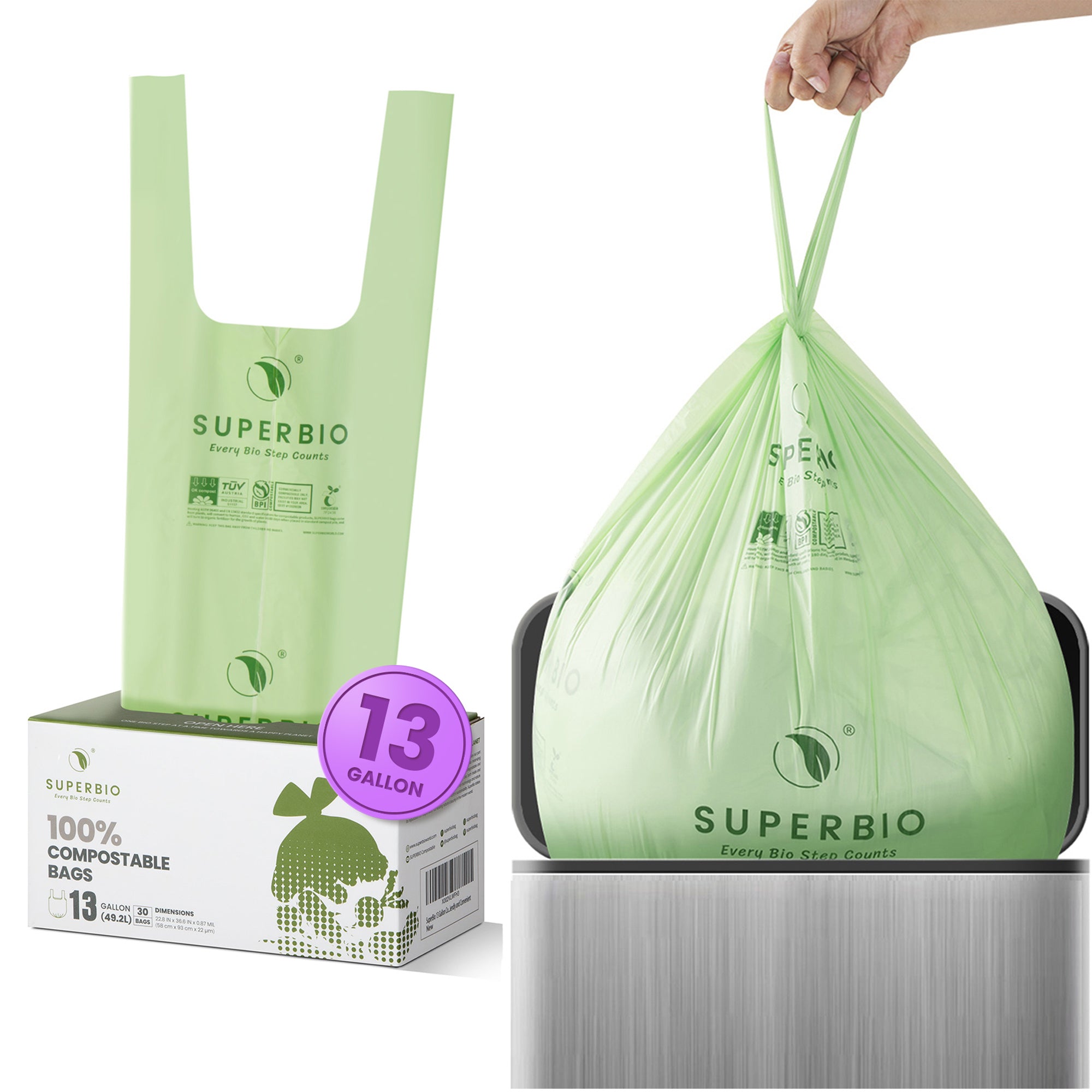 SUPERBIO 13 Gallon Compostable Handle Tie Tall Kitchen Garbage Bags, 30 Count, 1 Pack, Heavy Duty Food Scrap Trash Bags Certified by BPI Meeting