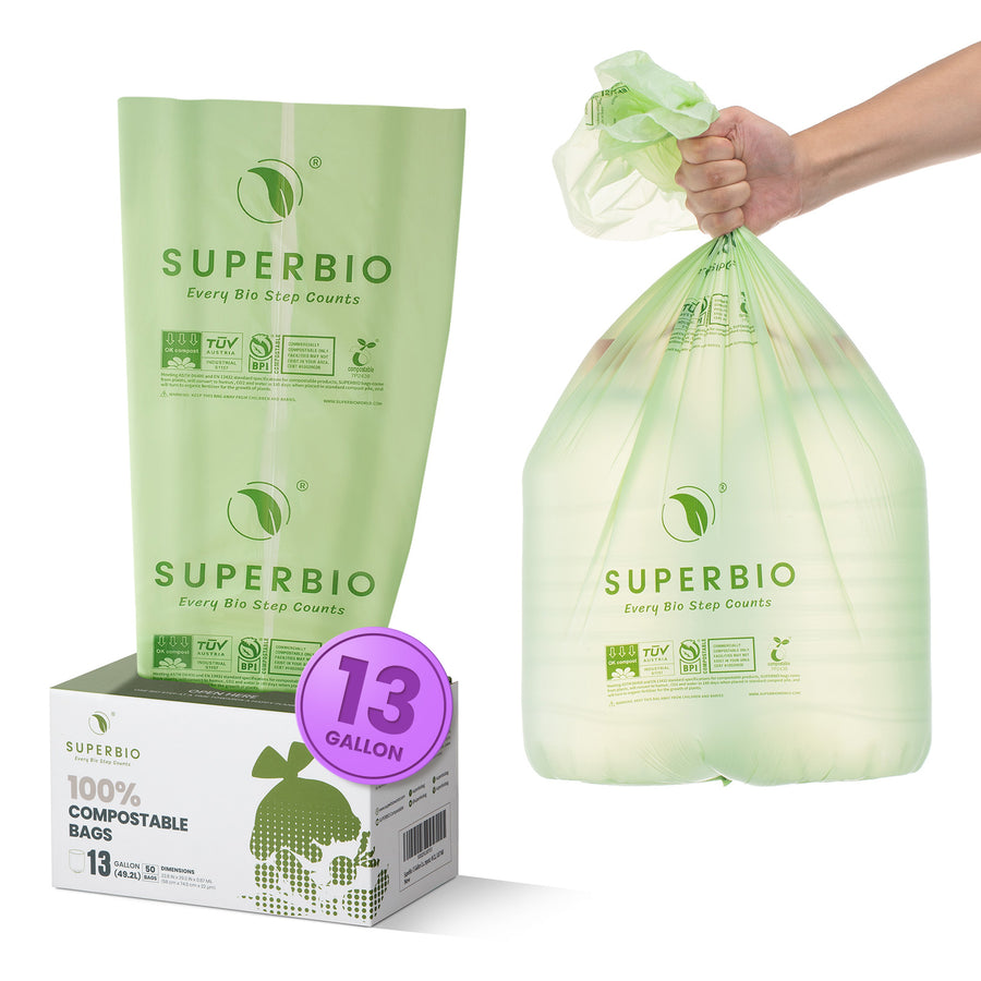 13 Gallon Compostable Tall Kitchen Trash Bags, 50 counts, Flat Top