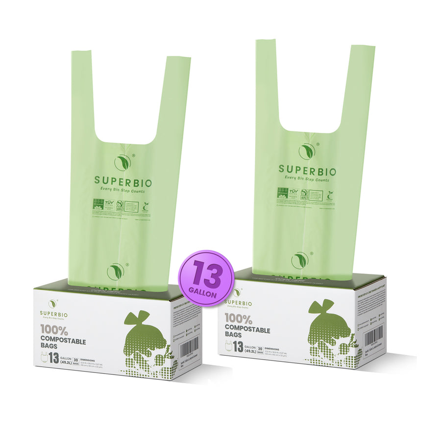 13 Gallon Compostable Handle Tie Heavy Duty Garbage Bags, 30 Count, 2-Pack