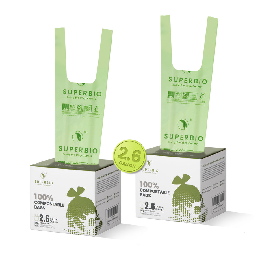 2.6 Gallon Compostable Handle Tie Garbage Bags, 100 Count, 2-Pack