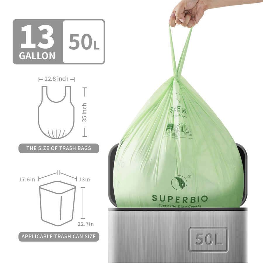 13 Gallon Compostable Handle Tie Tall Kitchen Garbage Bags, 30 Count