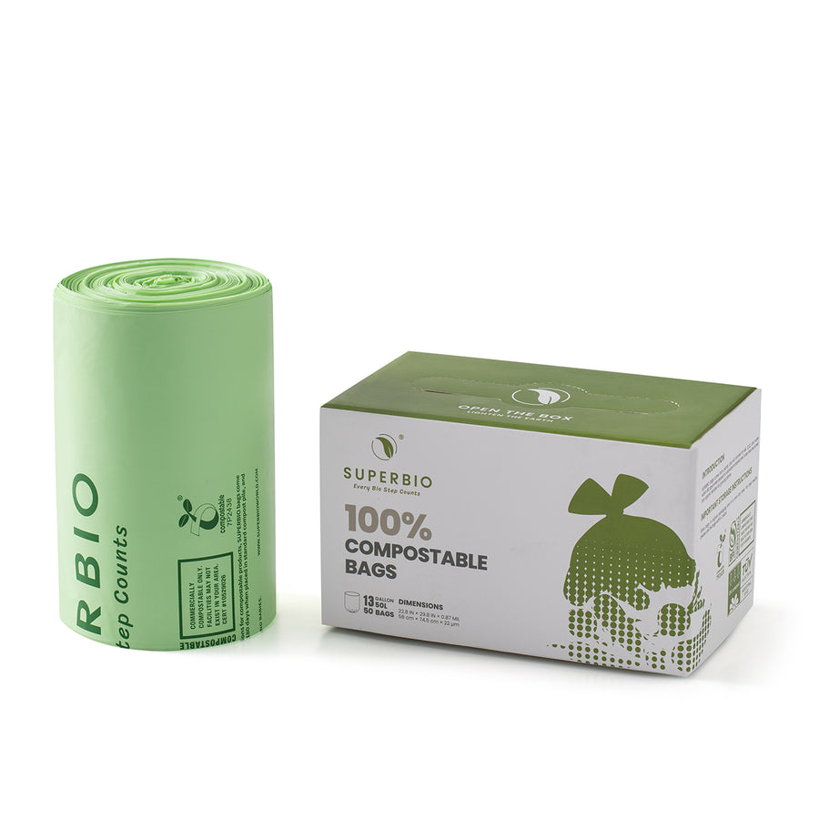 13 Gallon Compostable Tall Kitchen Trash Bags, 50 counts, Flat Top
