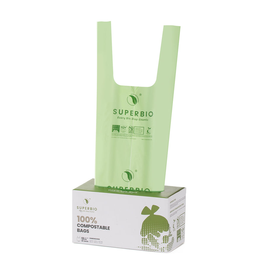 13 Gallon Compostable Handle Tie Tall Kitchen Garbage Bags, 30 Count